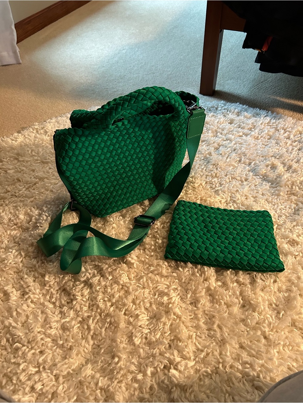 Emerald Green Woven Shoulder Bag with Matching Pouch